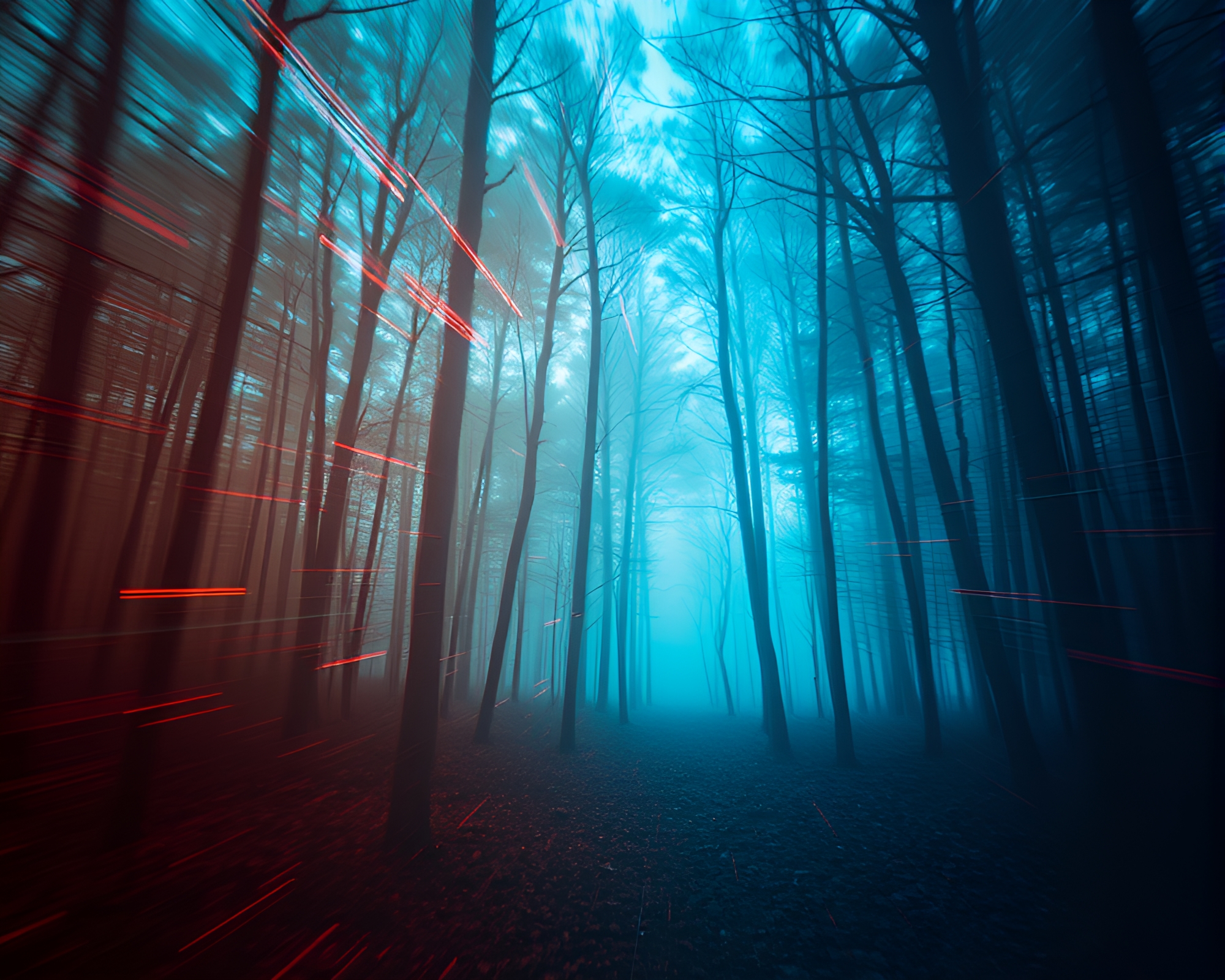 Enigmatic Forest: Glitch Light Trails in X-Ray Vision – free AI stock image