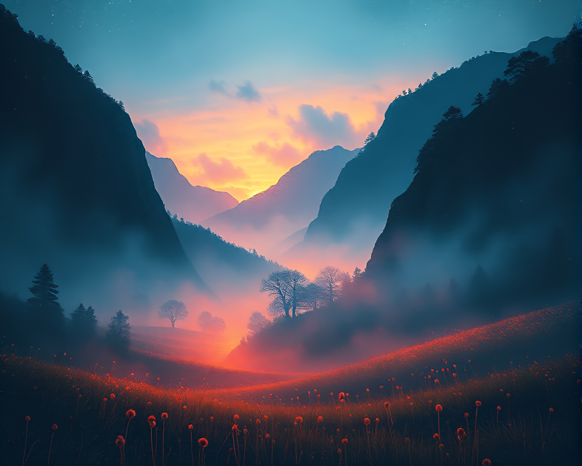 LED Pixel Valley: Misty Chalkboard Drawing – free AI stock image