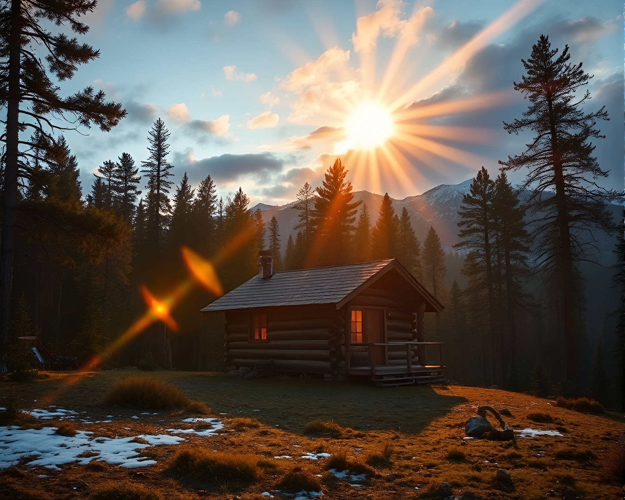 Sunlit Rustic Cabin with Backscatter Flare – free AI stock image