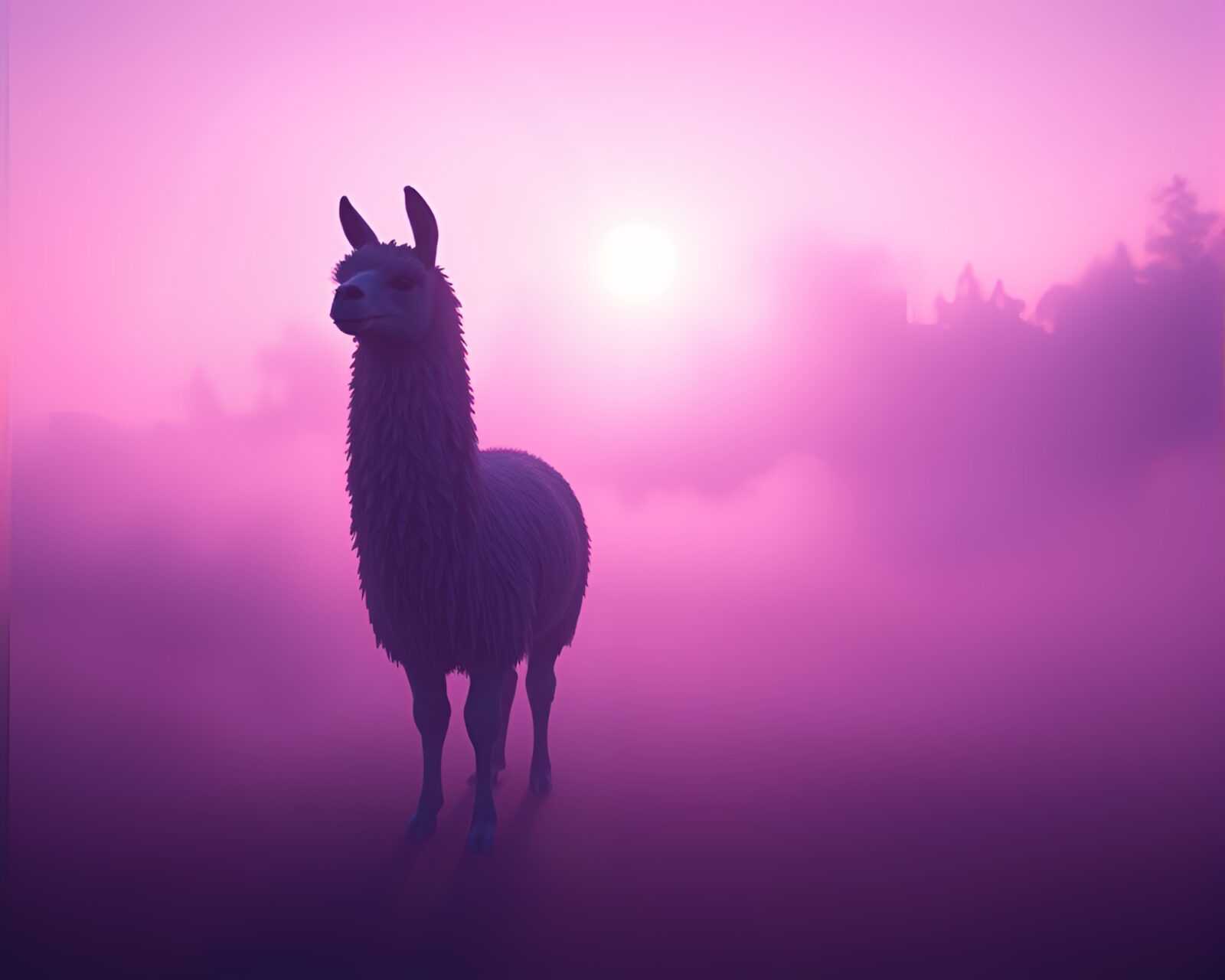 A low-poly 3D llama surrounded by twilight purple fog