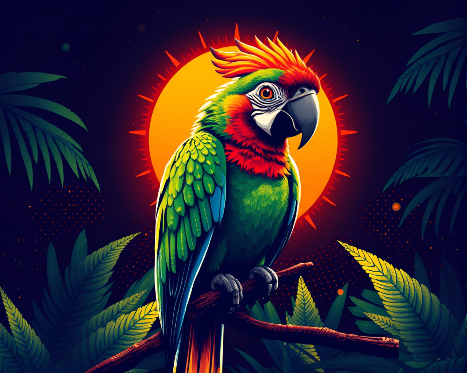 Vibrant pixelated parrot with stippled details under solar light