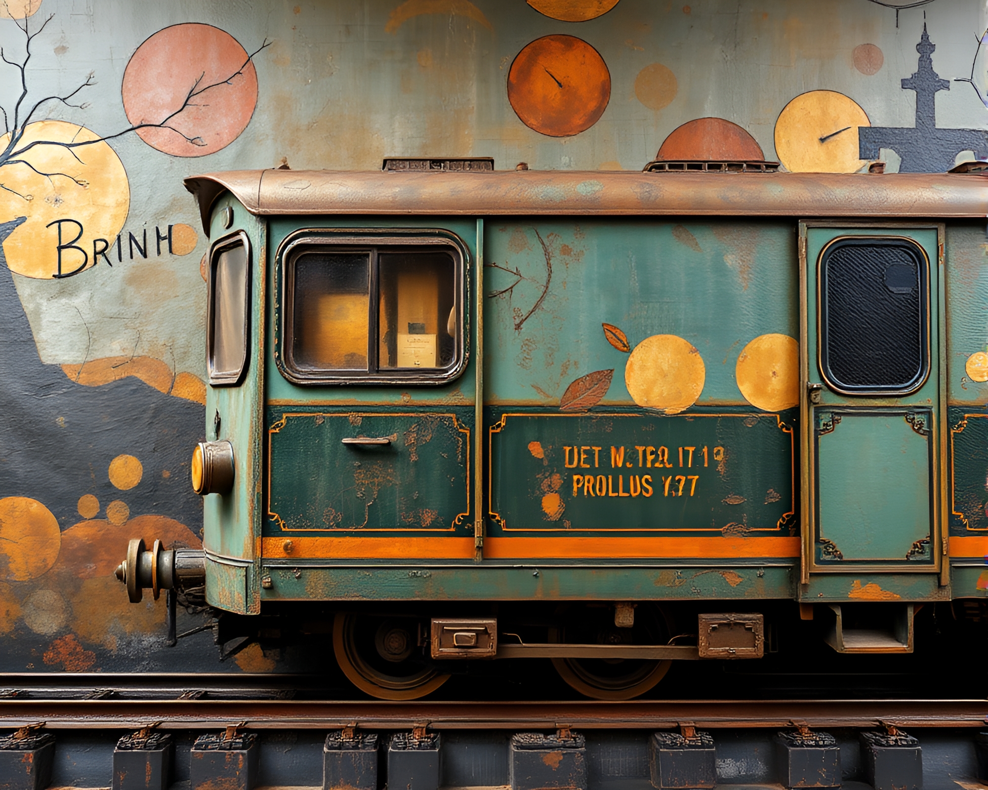 Bronze Patina Train Mural Painting – free AI stock image