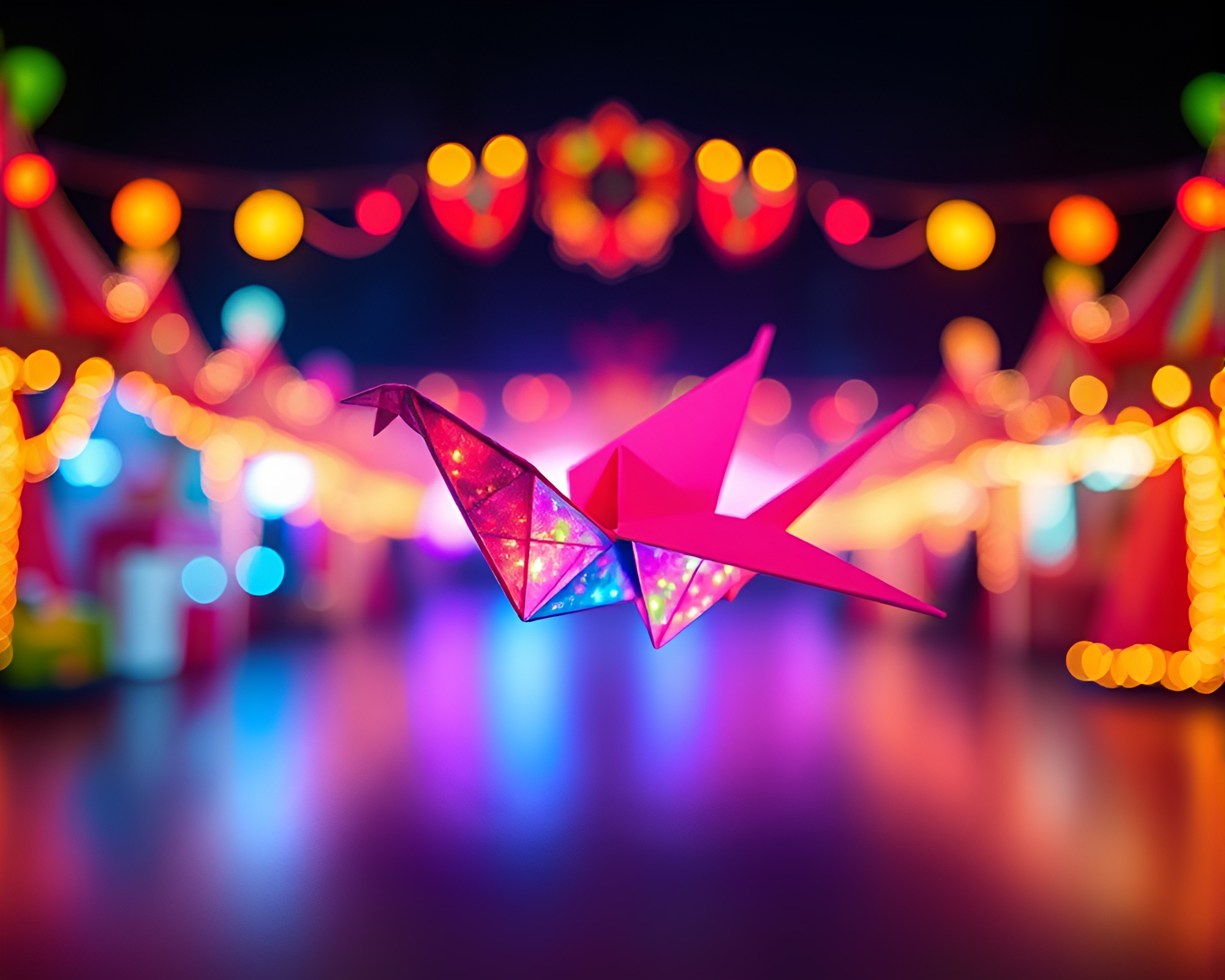 Ethereal Origami Crane in Vibrant Carnival Lights – free AI stock image