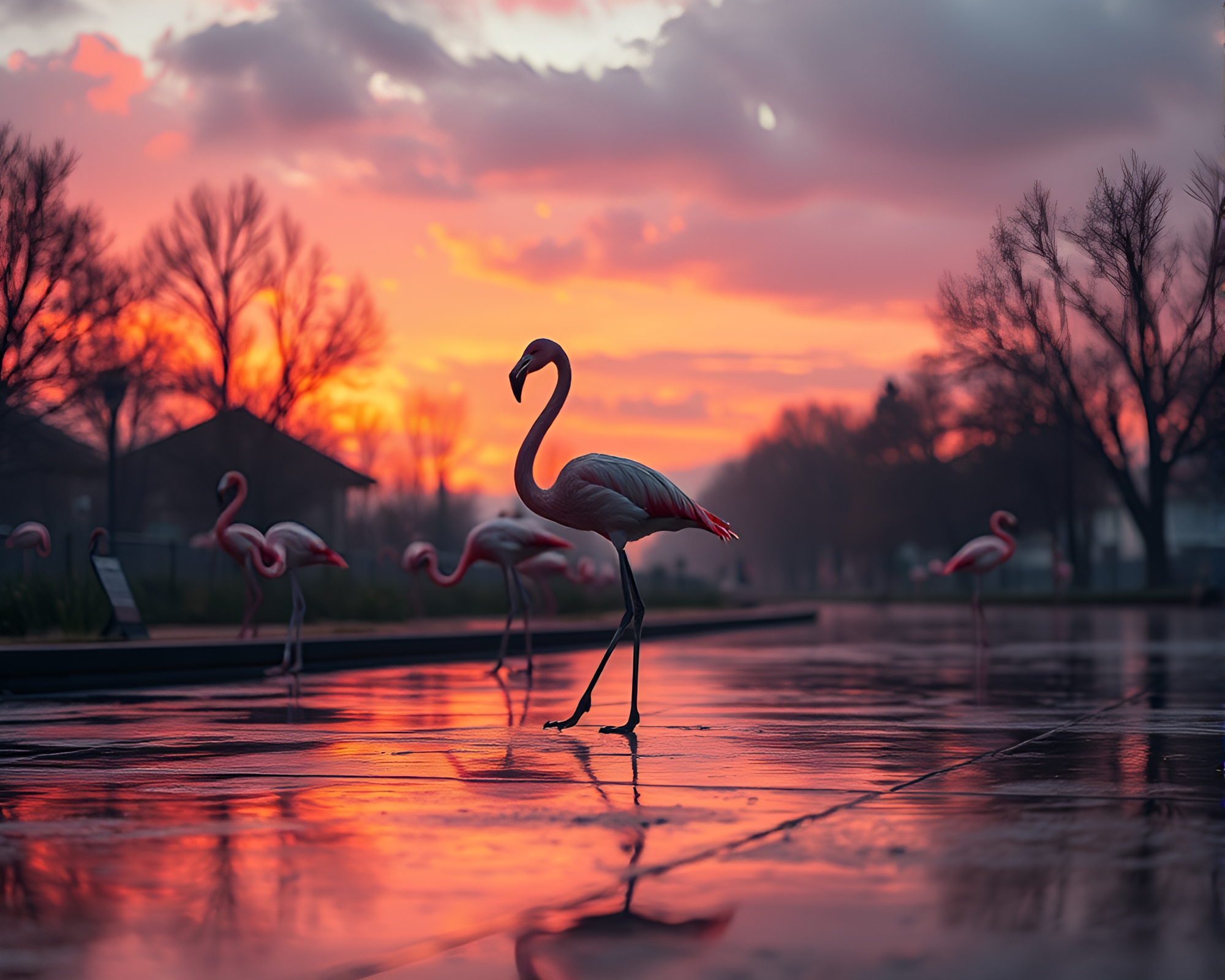 Flamingo in Aurora Light on Wet Pavement – free AI stock image