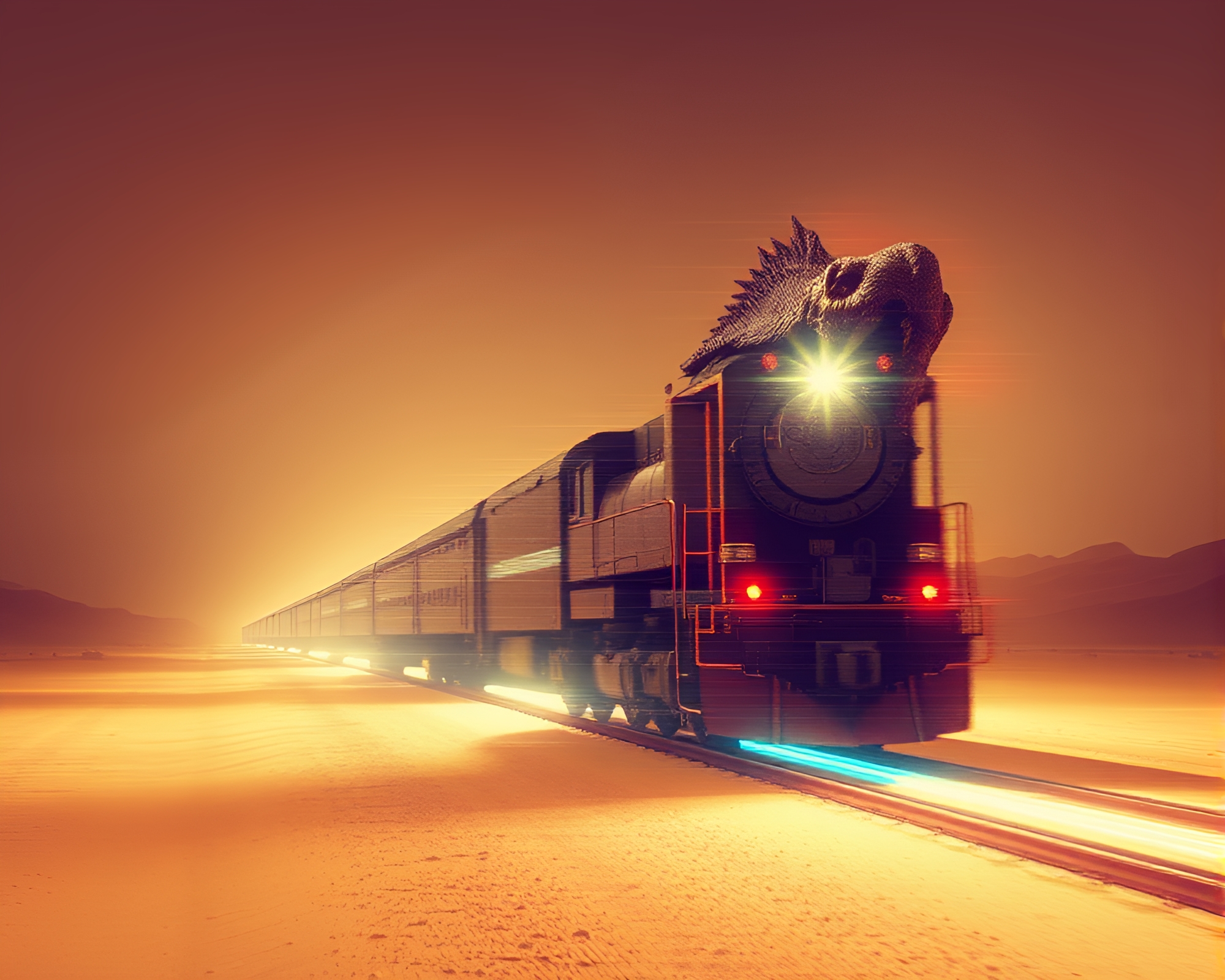 Cerberus Train Light Trails in Digital Glitch Desert – free AI stock image