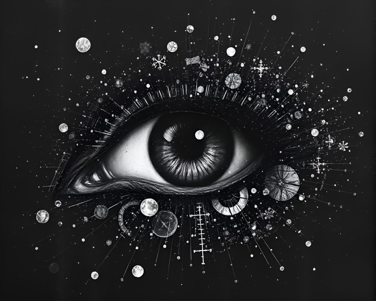 Abstract collage of cybernetic eye in floating particles