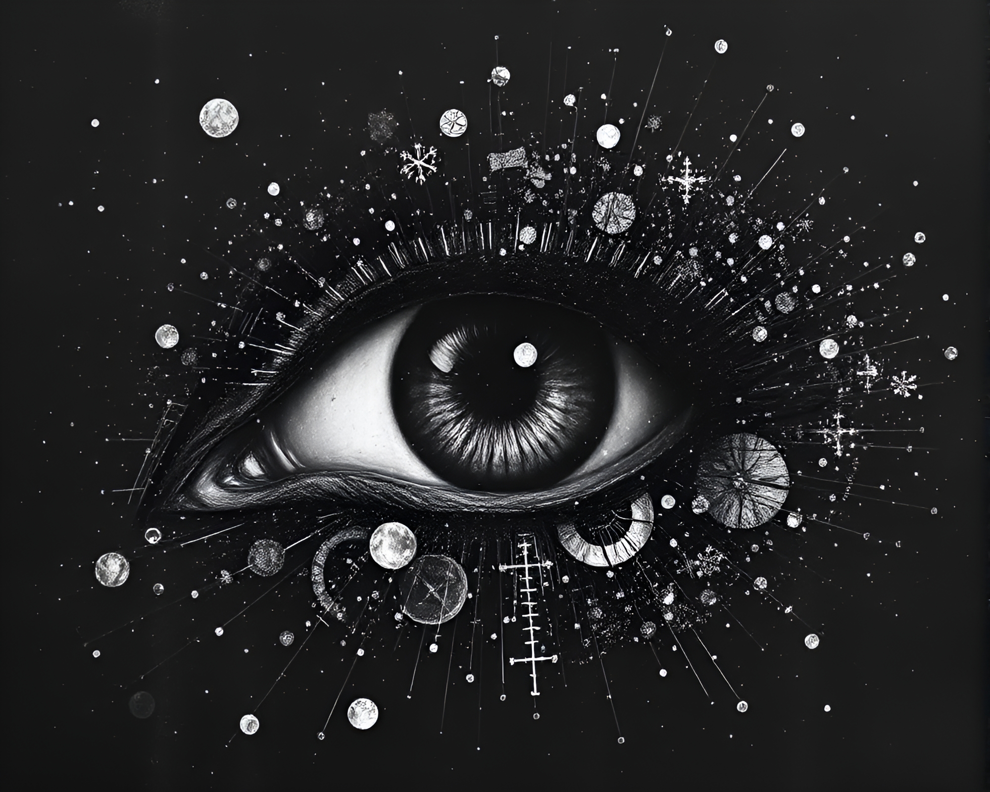 Cybernetic Eye in Charcoal Black Particles – free AI stock image