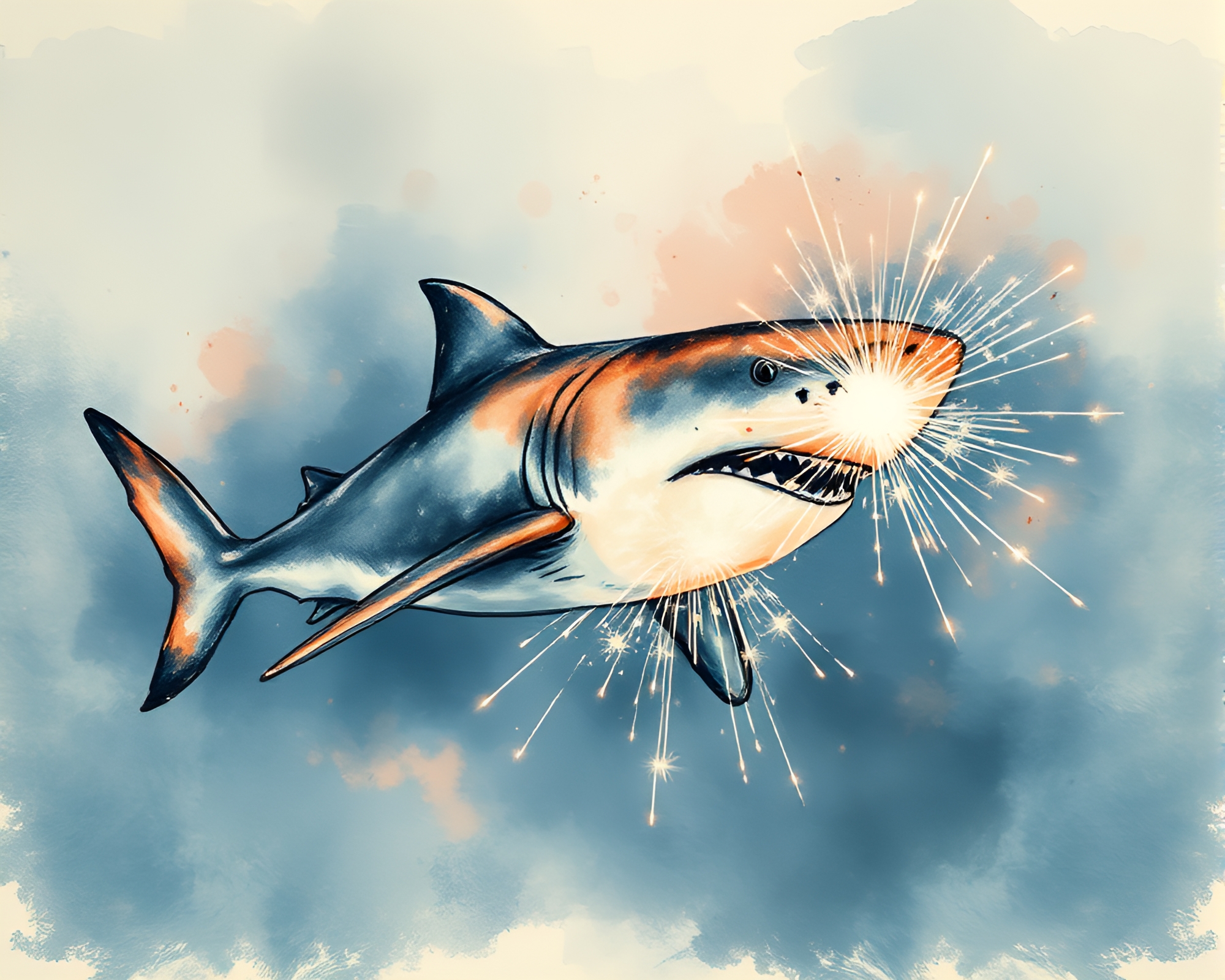 Shark silhouette amidst vibrant sparkler trails – free AI stock image