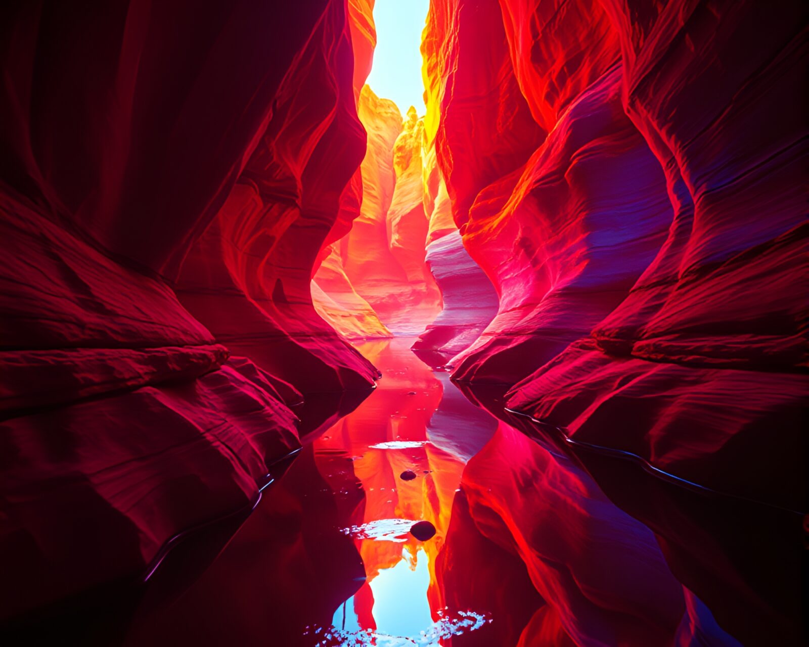 Eroded canyon surrounded by neon reflections and VHS distortion