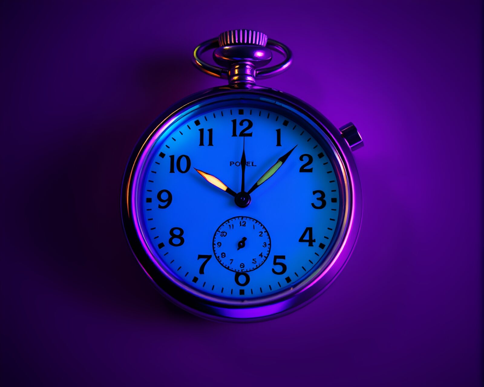 Glowing pocket watch in ultraviolet hues with intricate textures