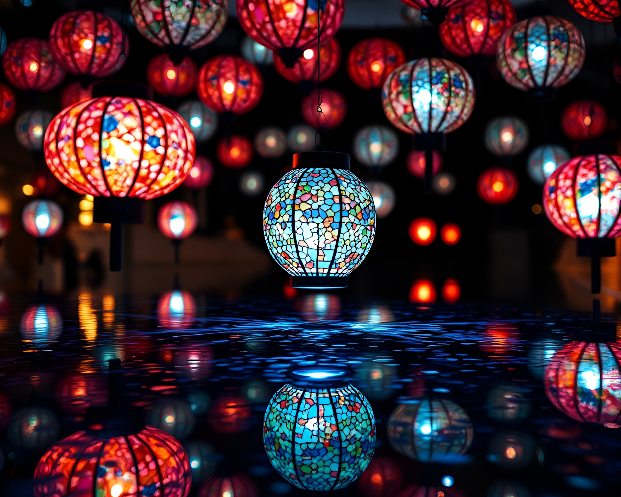 Paper Lantern Reflections in Op Art Mosaic Lighting – free AI stock image