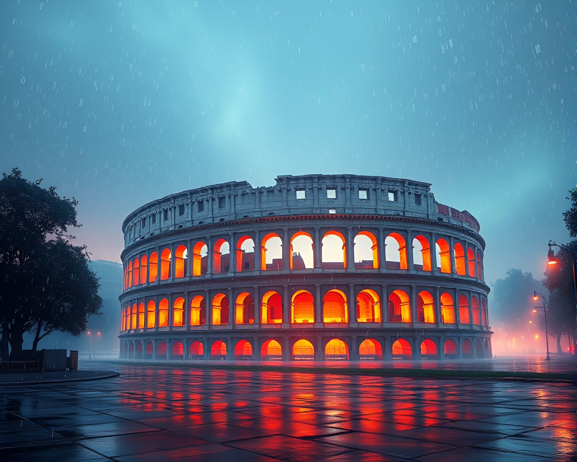 Roman Coliseum in Aurora Hues Wireframe Render – free AI stock image