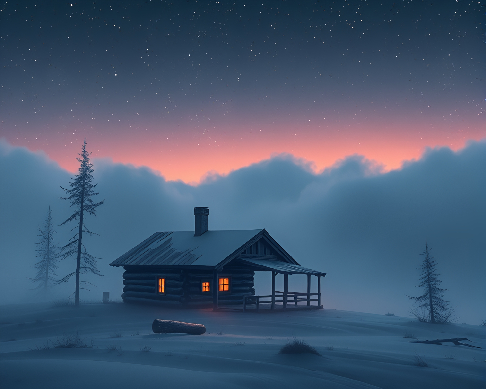 Starry Night at Rustic Futuristic Cabin in Dense Fog – free AI stock image