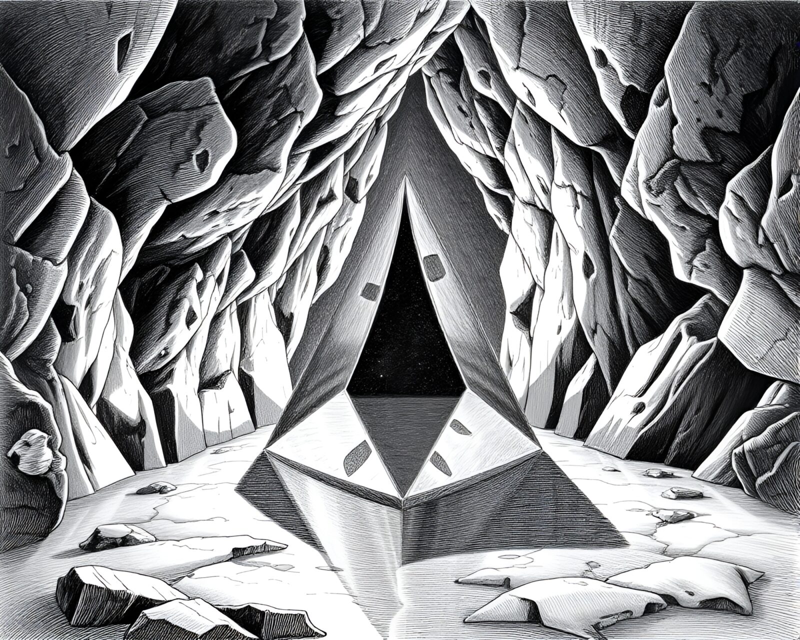 Engraved artwork of prism-reflected cavern scene