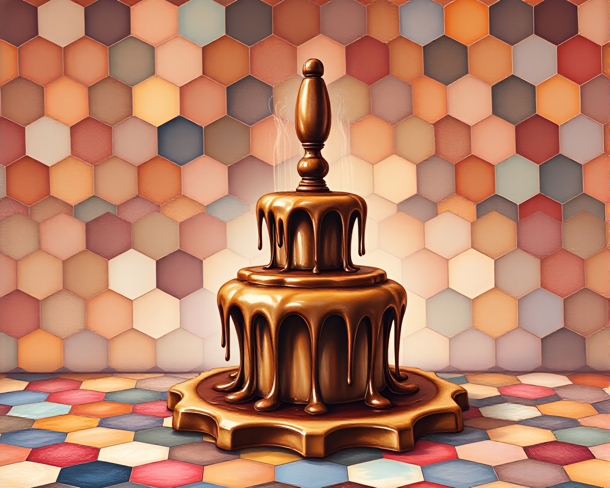 Hexagonal Chocolate Fountain Gouache Painting – free AI stock image