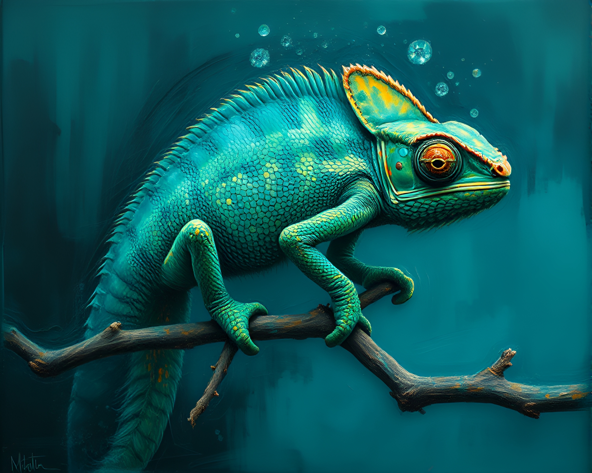Surreal Chameleon in Teal Oil Painting with Film Burn Effects – free AI stock image