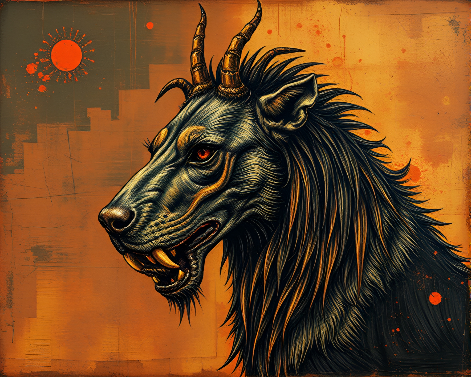 Encaustic painting of retro Cerberus with grain overlay – free AI stock image