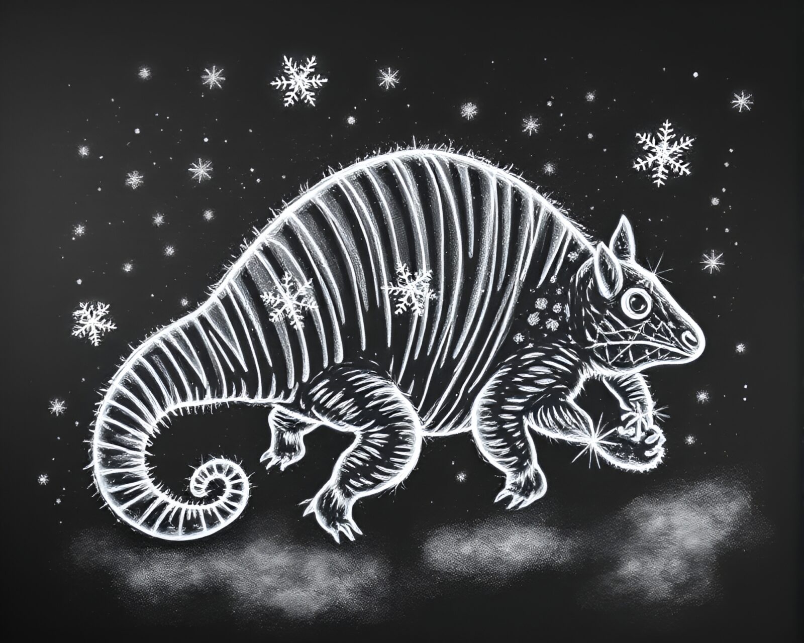 Tight crop image of armadillo sketch in snowy scenery