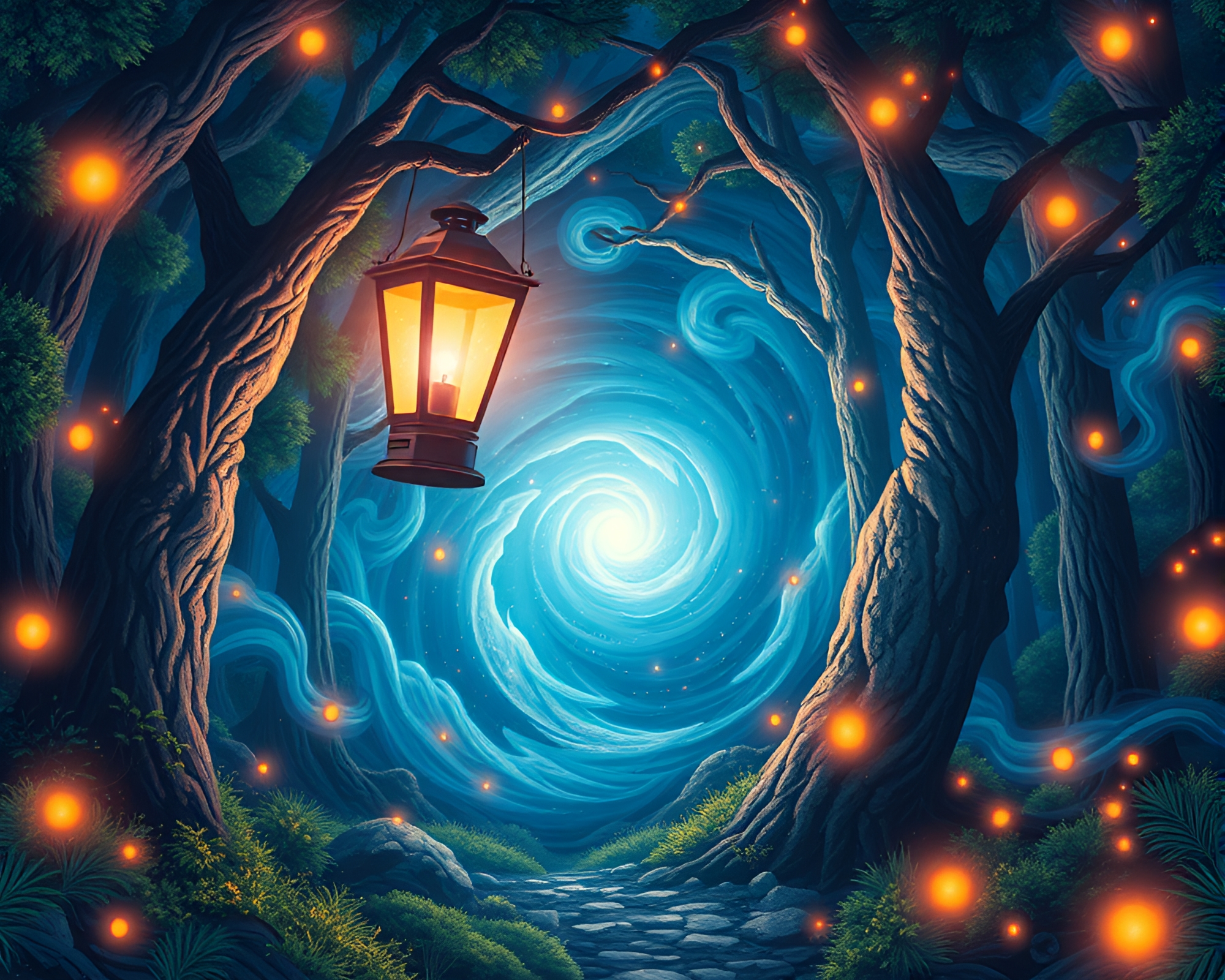 Enchanted Forest Lantern Vortex – free AI stock image