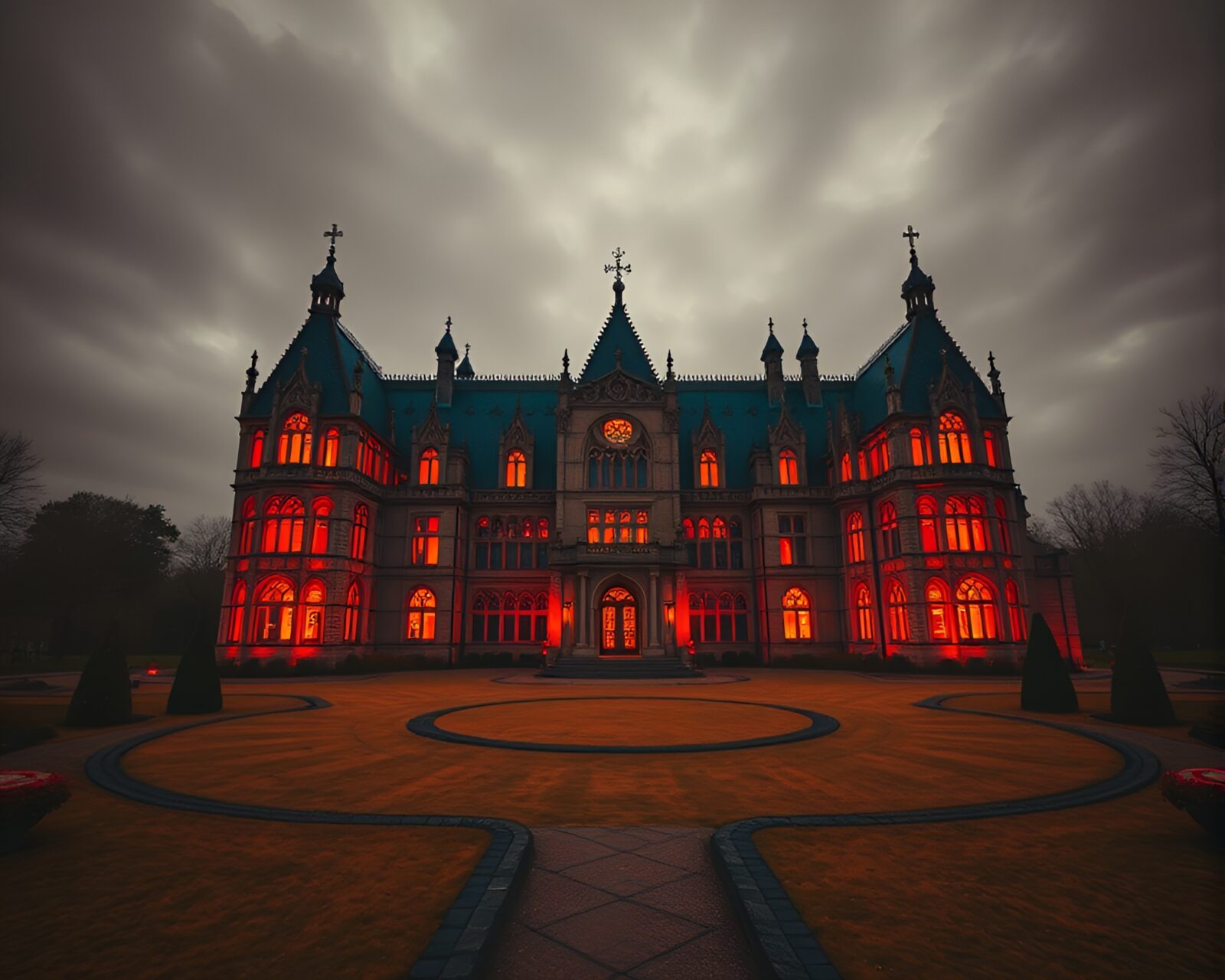 Symmetrical op art neo-gothic mansion with burnt orange lighting