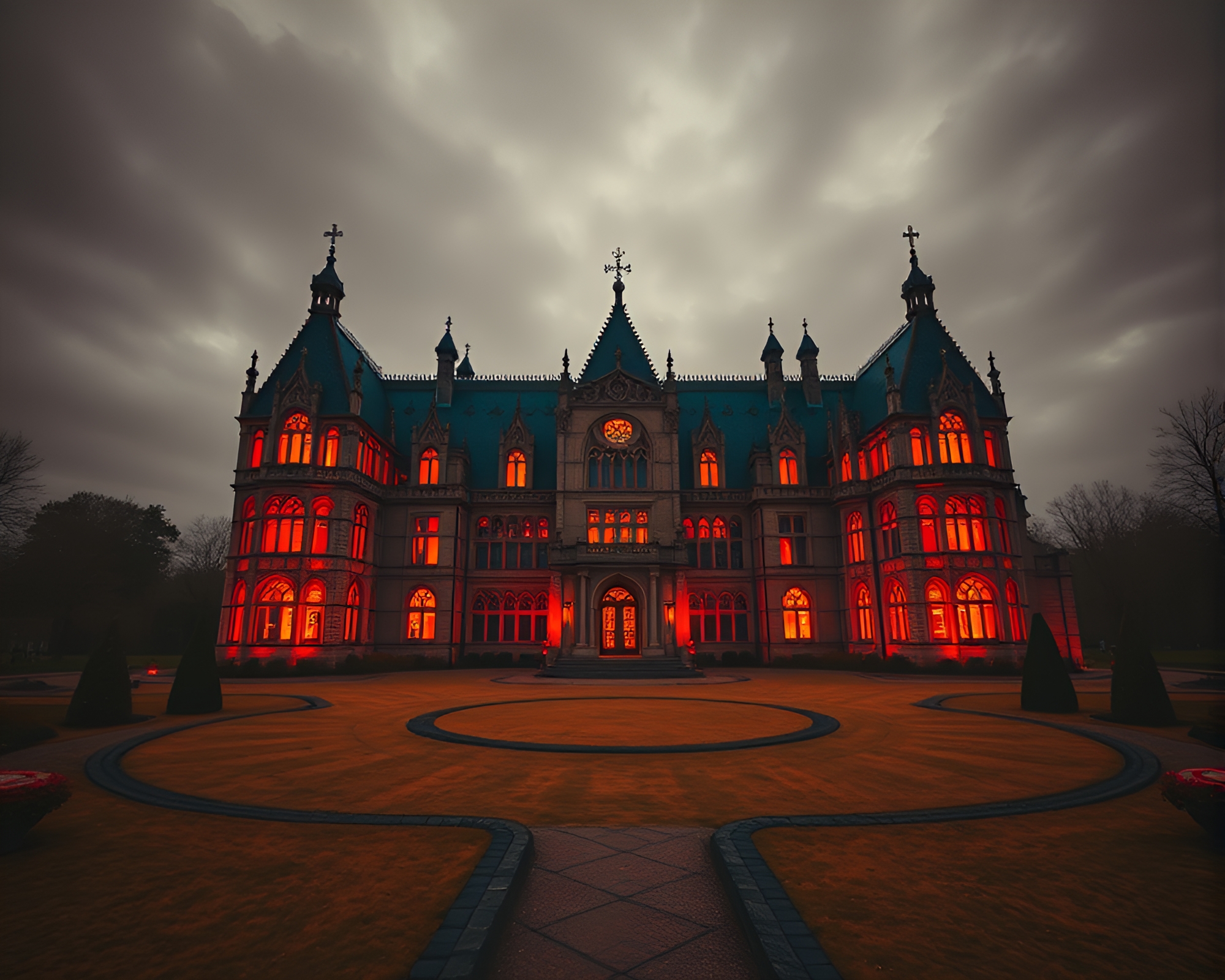 Neo-Gothic Mansion Bathed in Burnt Orange Op Art Symmetry – free AI stock image
