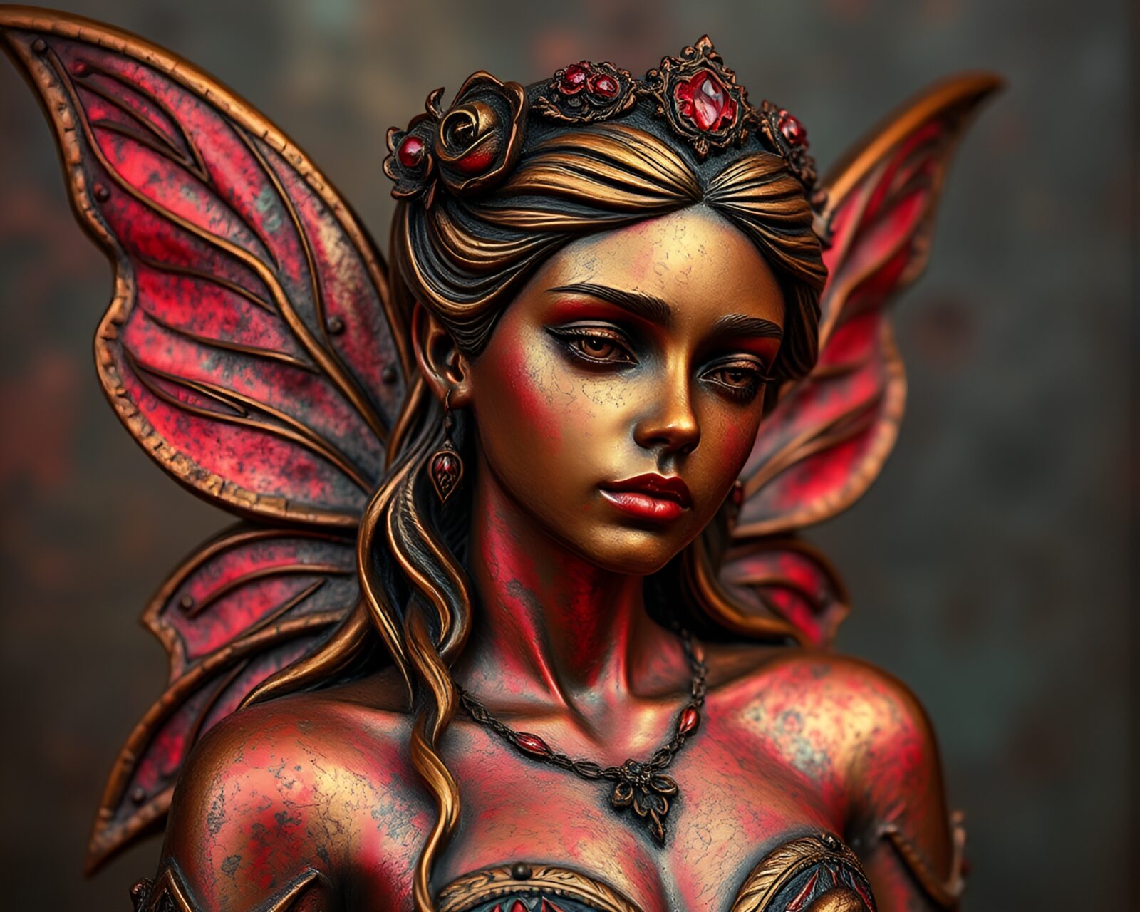 Bronze patina fairy with ruby red wings in neon cityscape