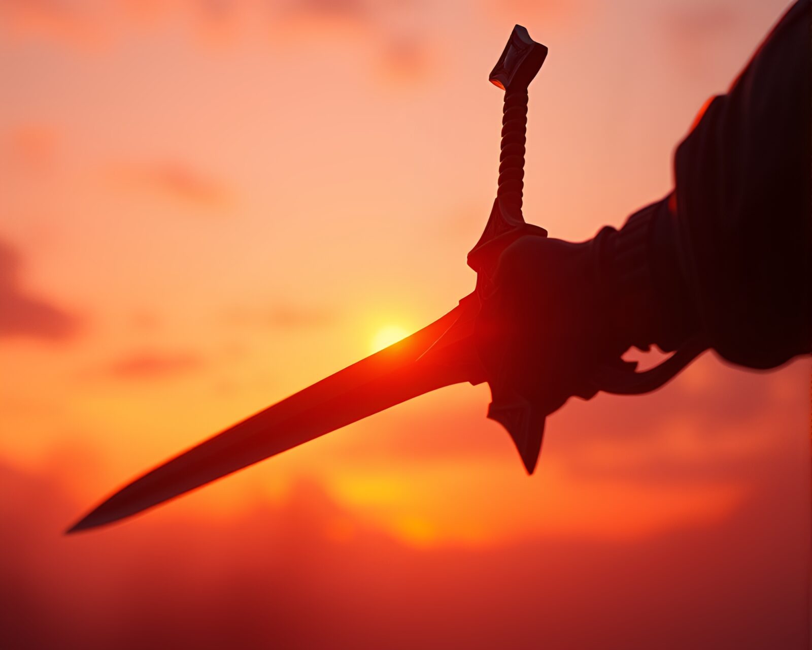 Fantasy sword resting in golden sunset-lit studio