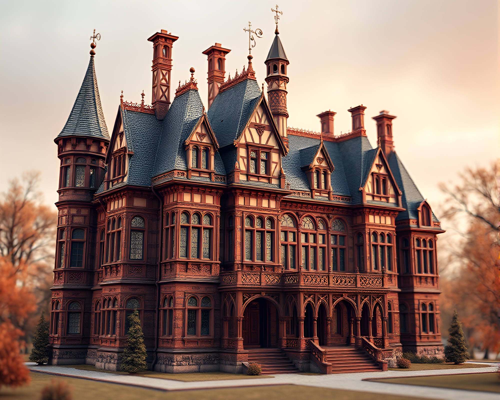 Neo-Gothic Mansion Embraced in Copper Tones – free AI stock image