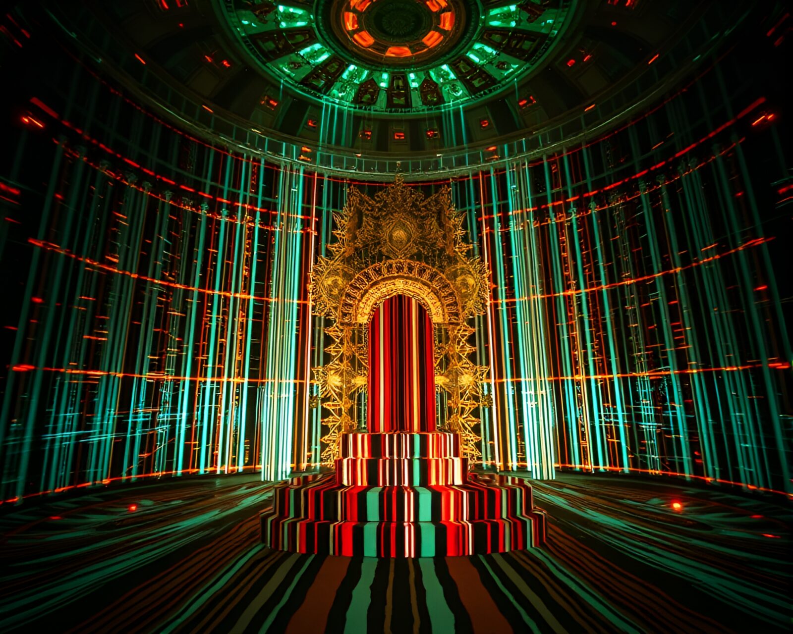 Majestic throne room kaleidoscope pattern with barcode stripes