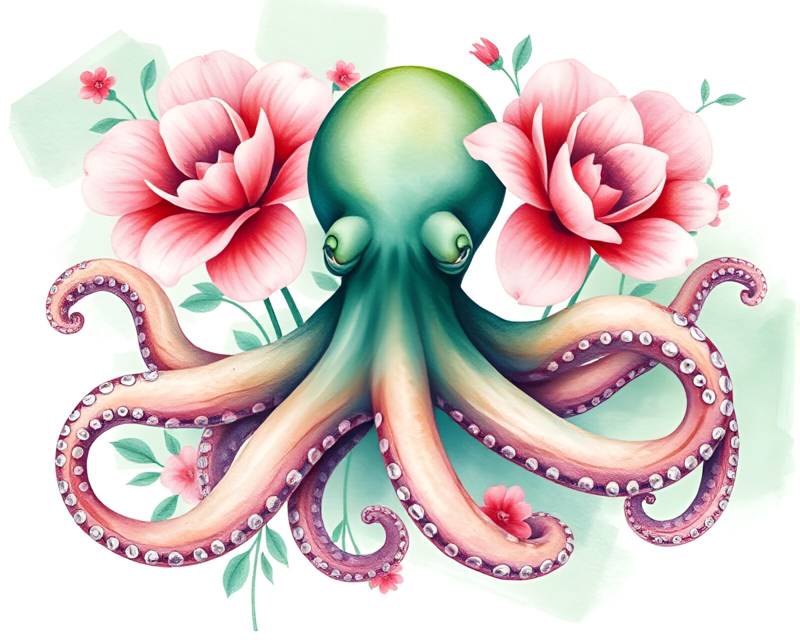 Watercolor octopus surrounded by lush greenery with grainy texture