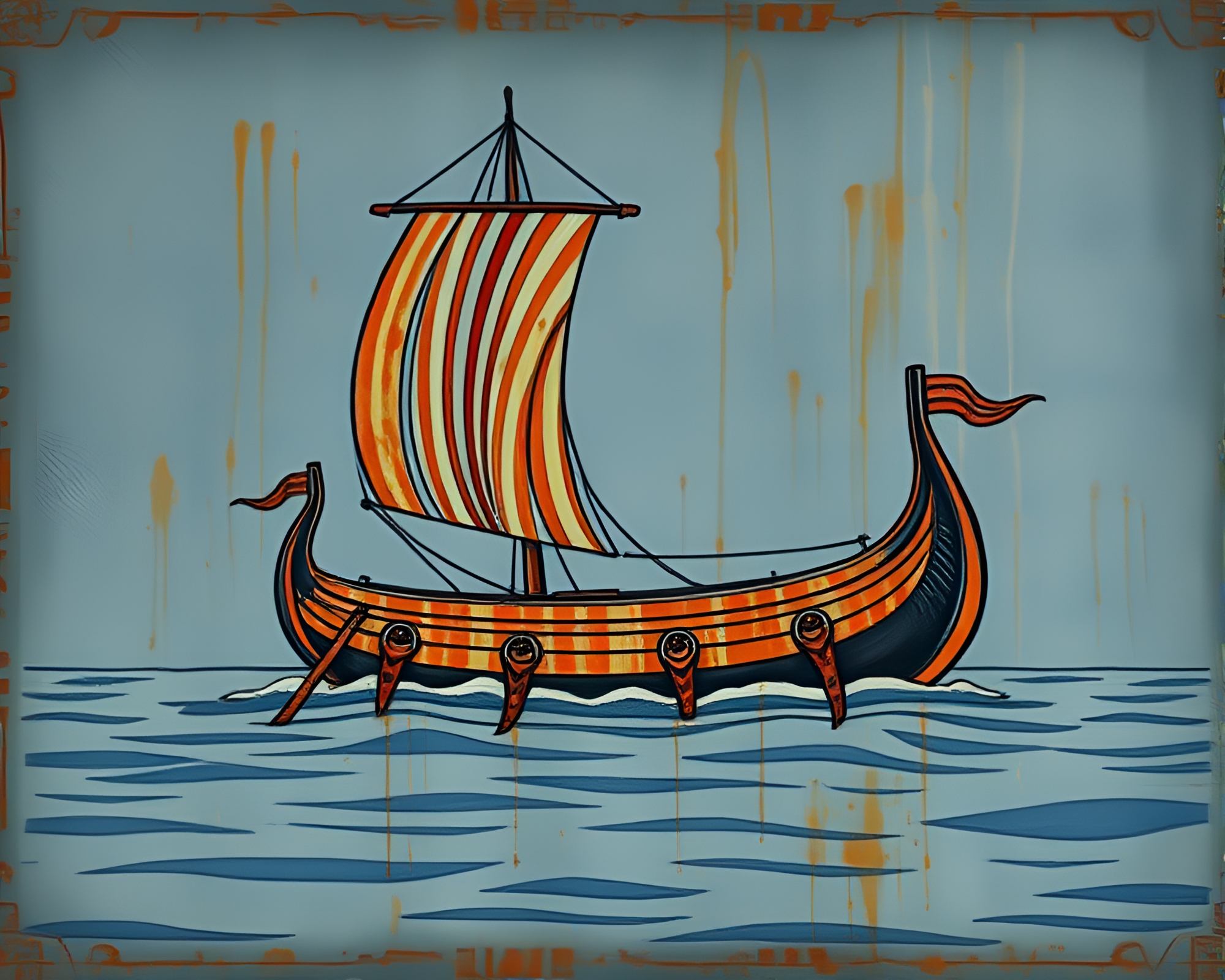 Viking Longship in Pointillism with Rust Stain Streaks – free AI stock image