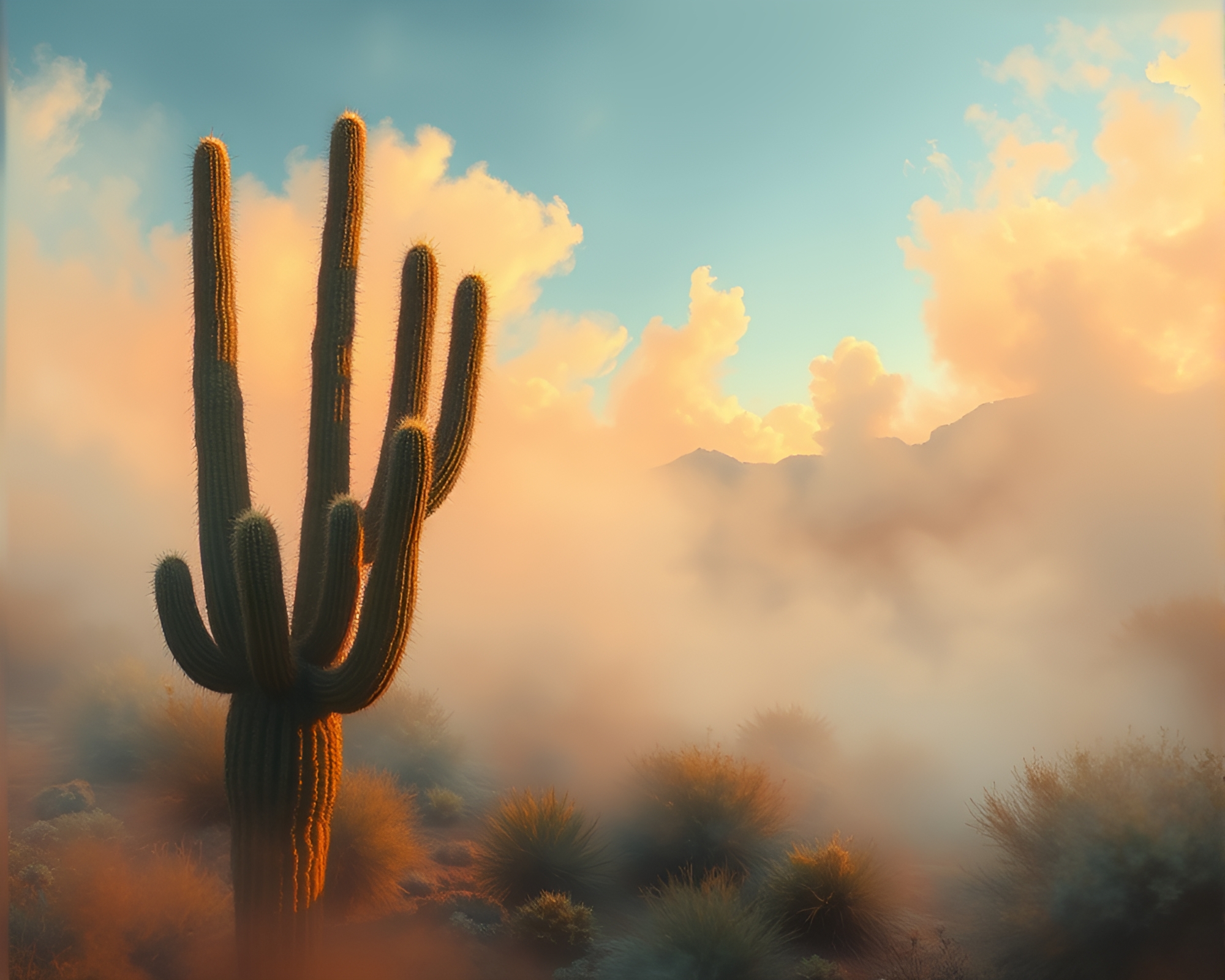 Misty Desert Cactus Shrouded in Steam Vapor – free AI stock image
