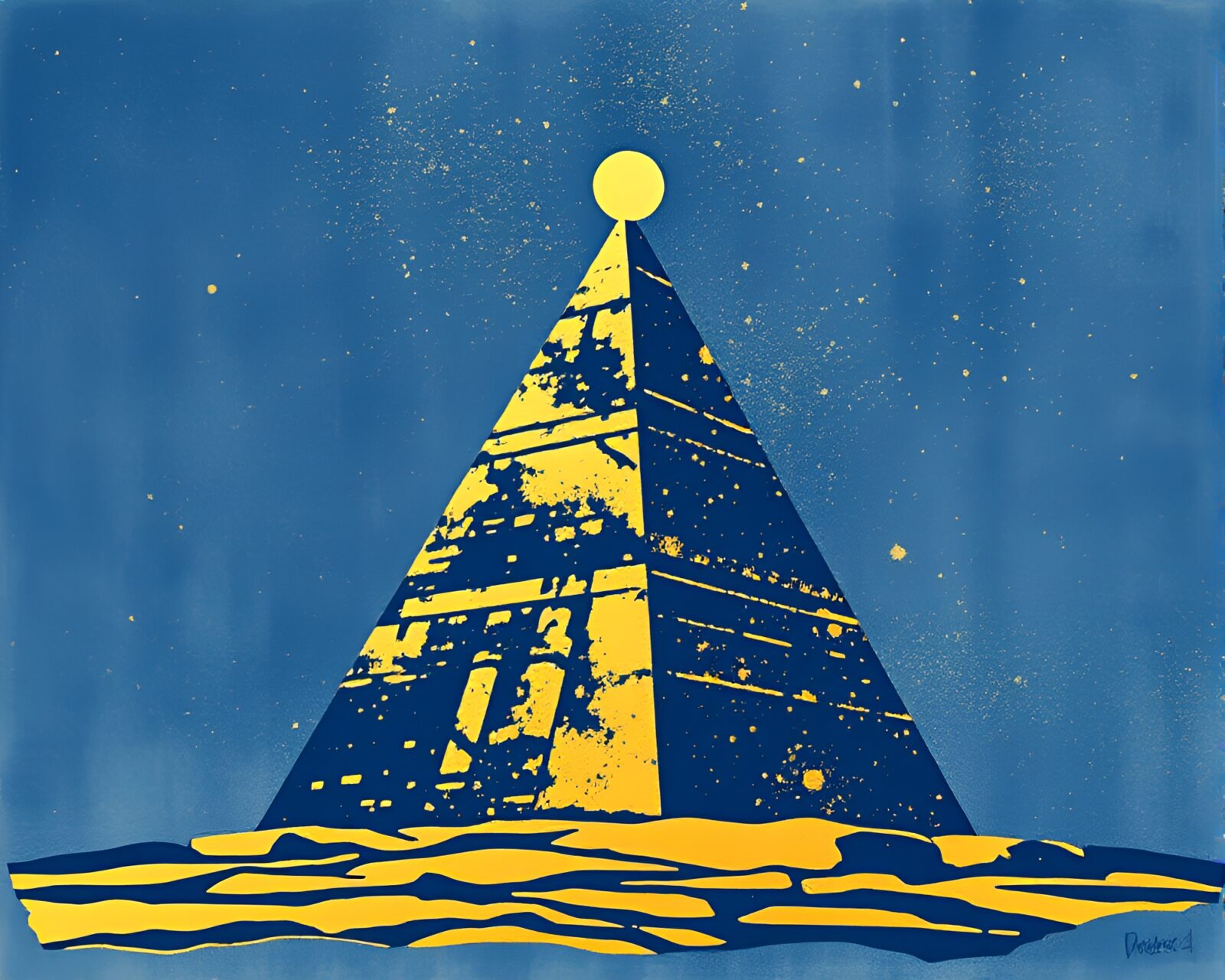 Mysterious obelisk artwork with gold foil accents in indigo hues