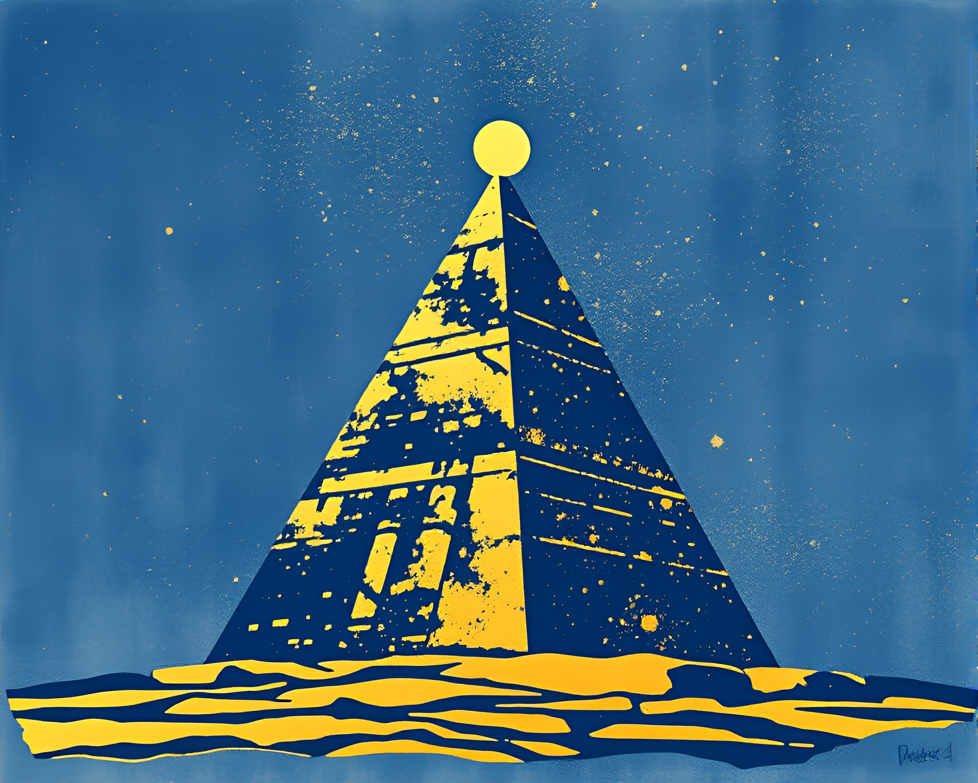 Enigmatic Indigo Obelisk adorned in Gold Foil Stencil Art – free AI stock image