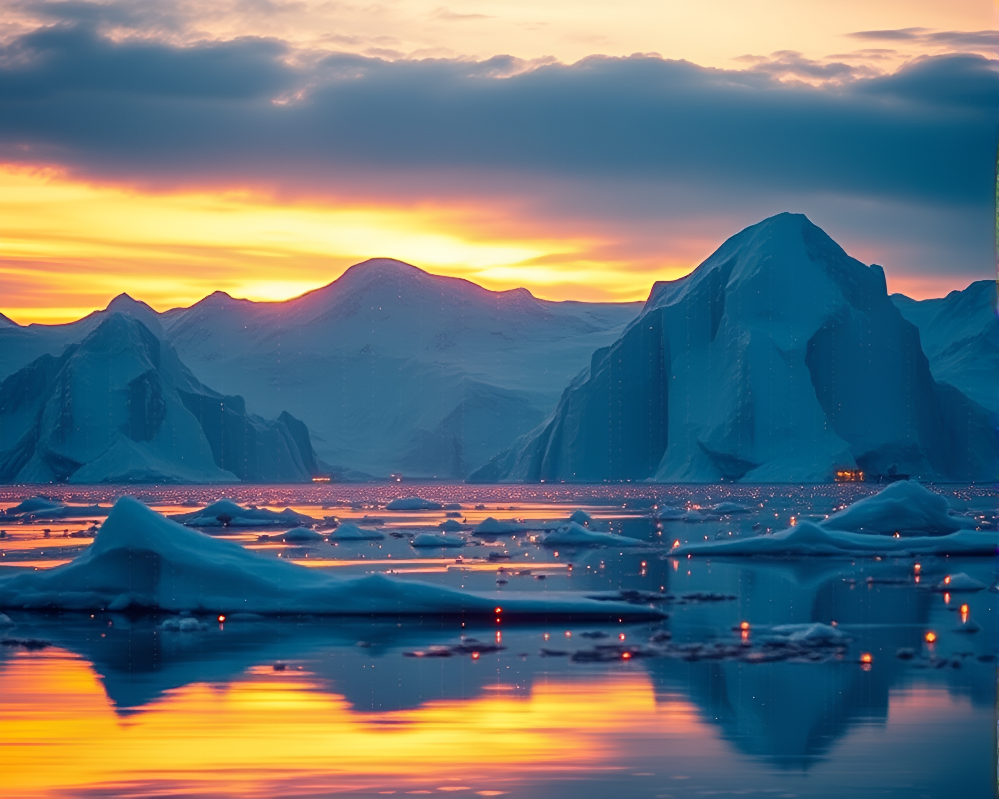 Arctic Iceberg at Dusk with Futuristic HUD Overlay – free AI stock image