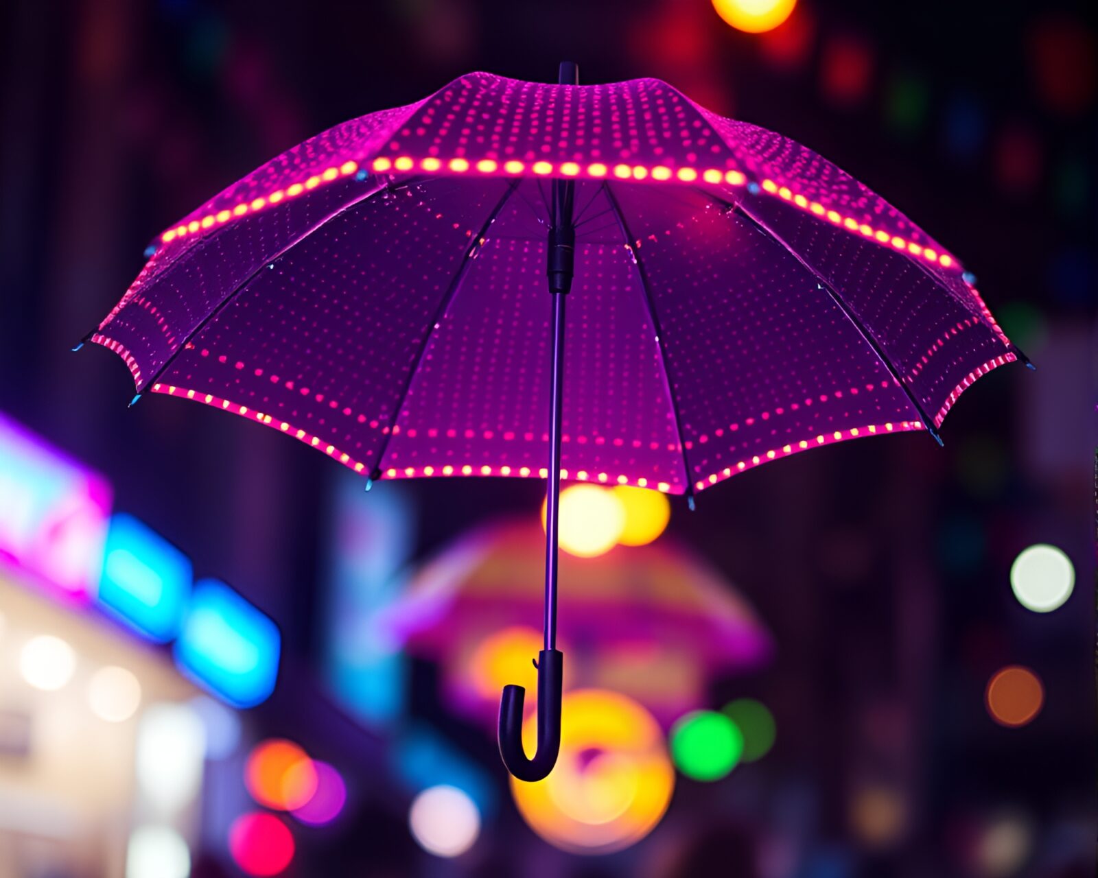 Colorful glitched umbrella under neon lights and bokeh