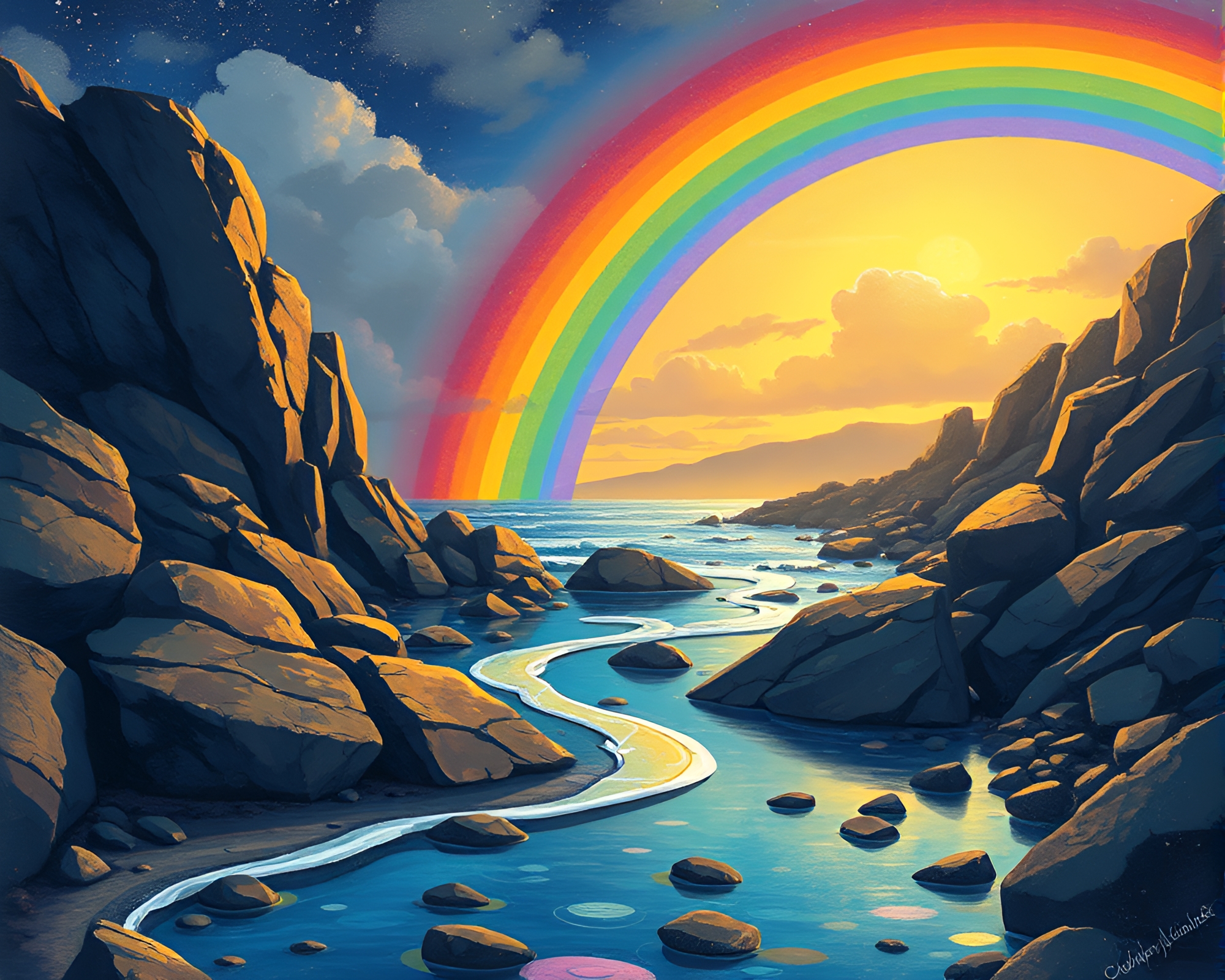 Slick Rainbow Over Rocky Coastline at Dusk – free AI stock image