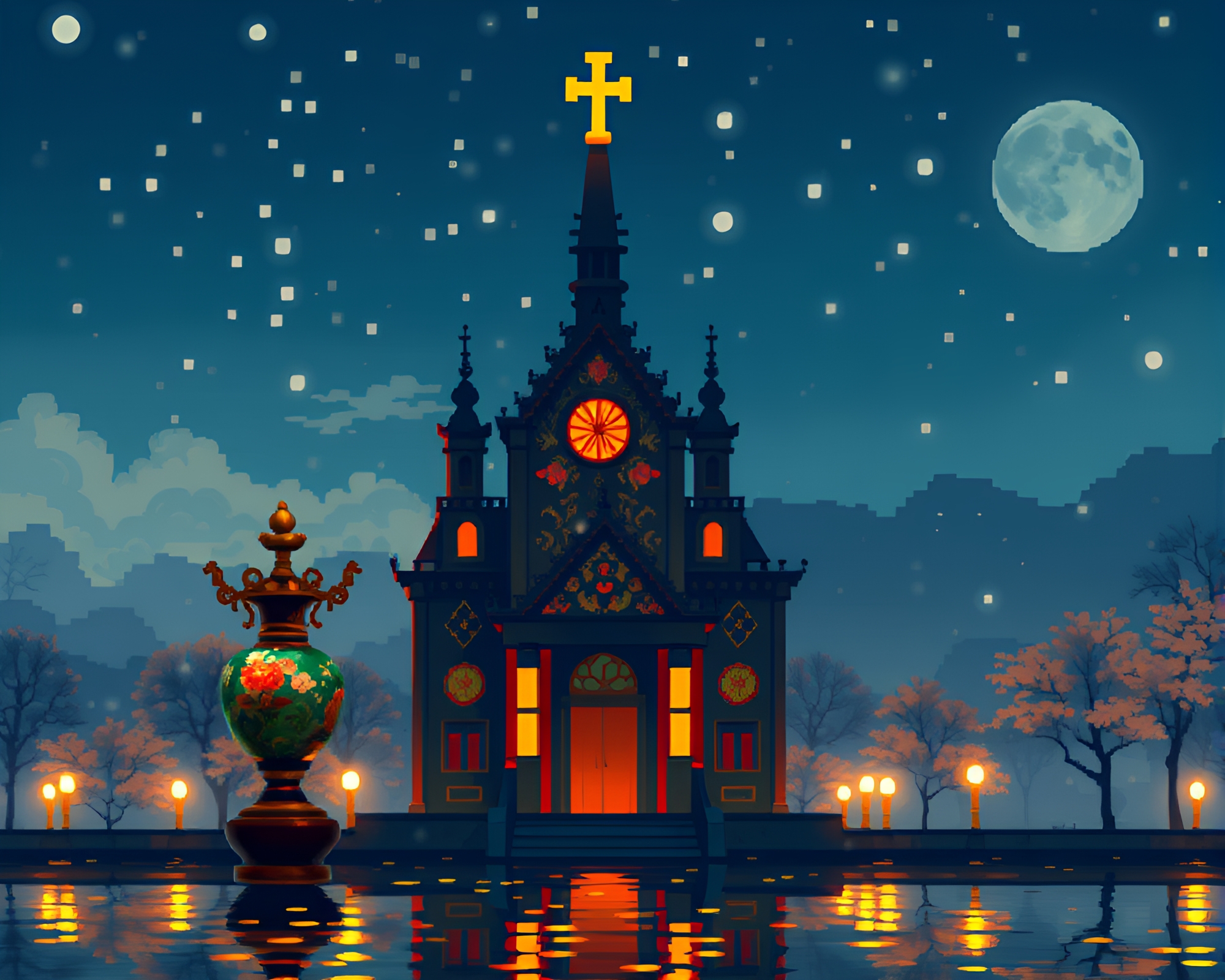 Underwater Cloisonné Vase Pixel Art Illuminated by Candlelight – free AI stock image