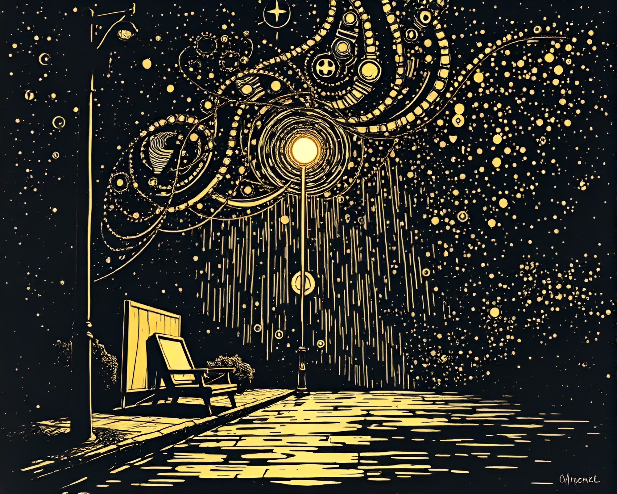 Quantum Computer Streetlamp Woodcut Print – free AI stock image