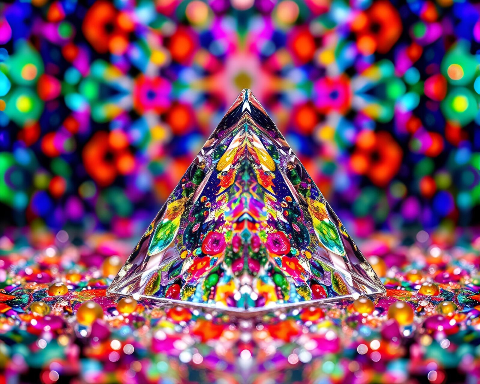 Exquisite pointillism artwork of glass pyramid with intricate kaleidoscope effects
