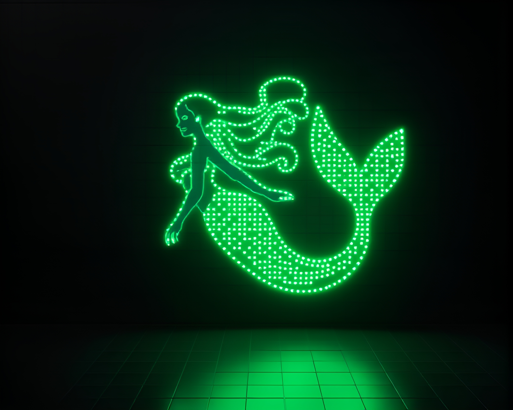 Glowing LED Mermaid in Charcoal Black Low-Poly World – free AI stock image