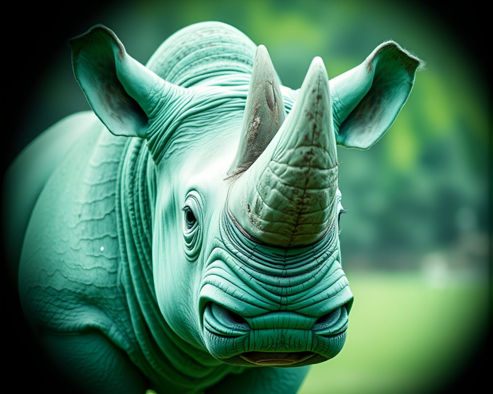 Half Rhino, half mint green, split focus drawing