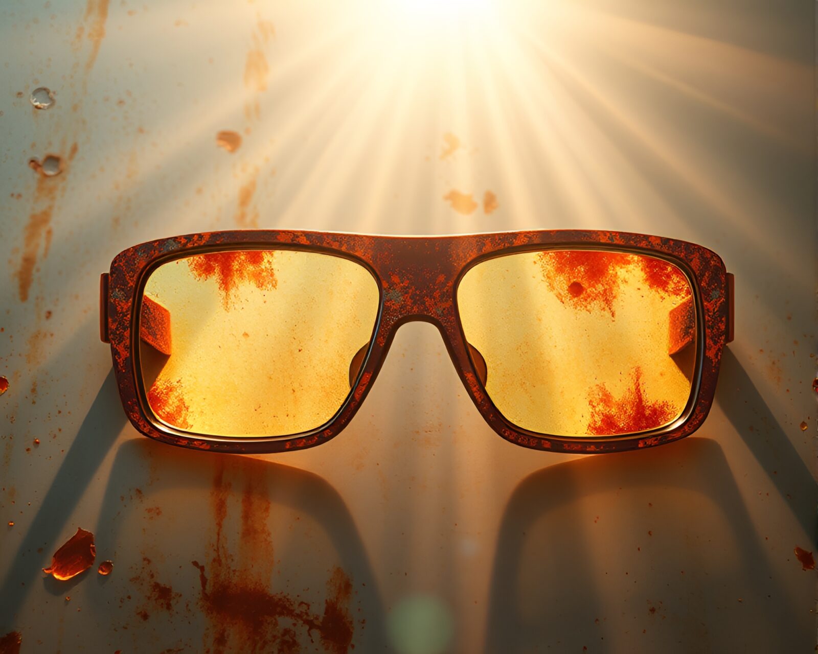 Cel-shaded illustration of rust streaks with AR glasses under bright sunlight