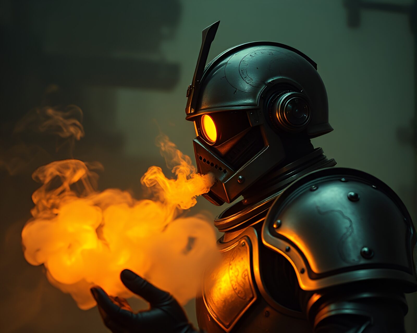 Steampunk themed illustration of armored figure blowing smoke rings.