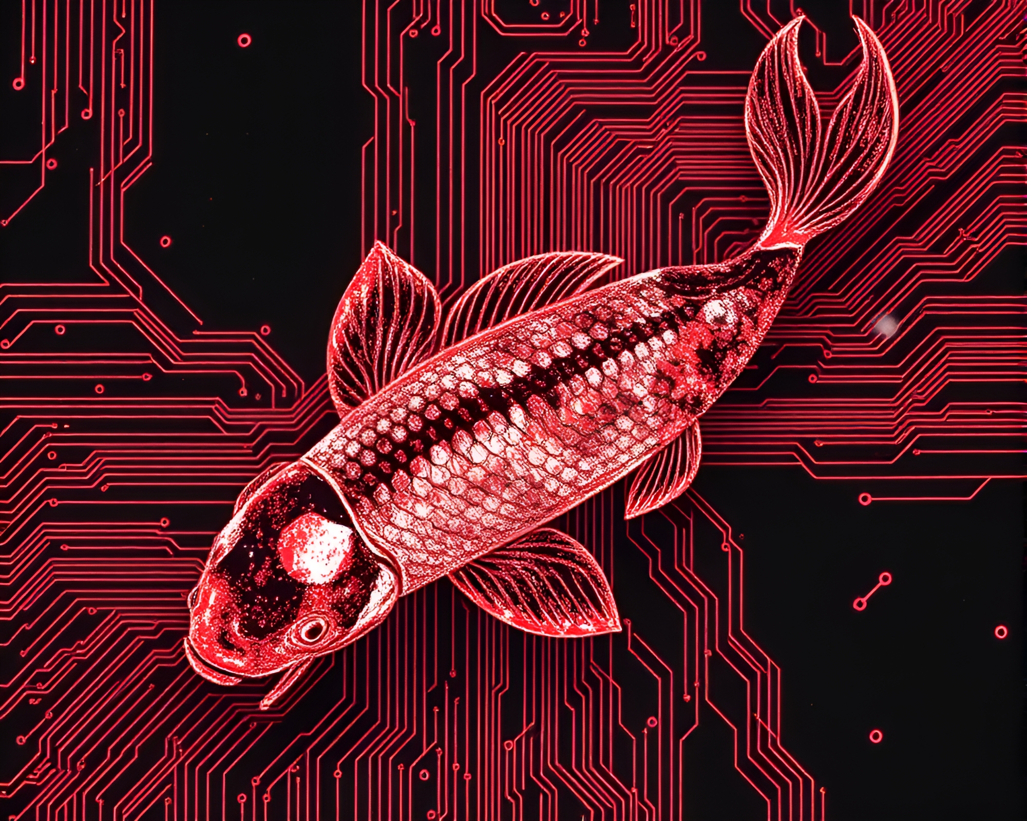 Glitch Art Eclipse: Koi Fish Circuits – free AI stock image