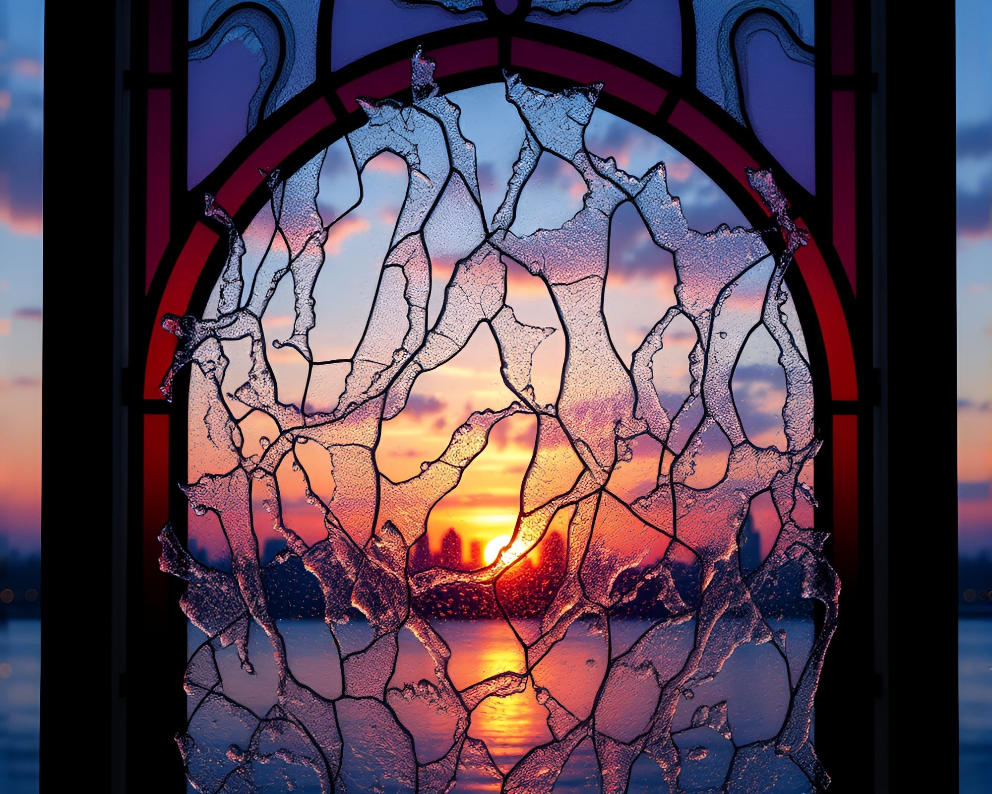 Beautiful Ice Crystal Stained-Glass Sunset Scene – free AI stock image