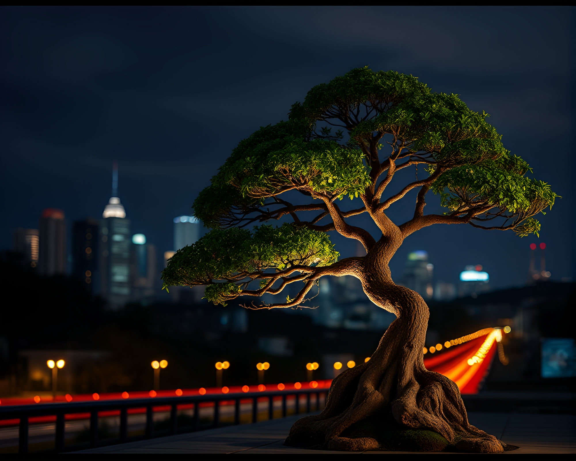 Urban Bonsai: Night Cityscape with Film Strip Border – free AI stock image