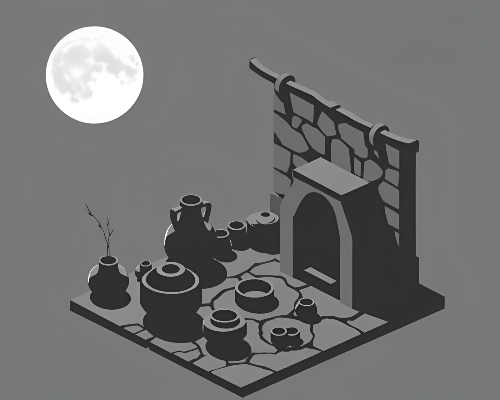 Isometric moonlit pottery in silhouette effect illustration