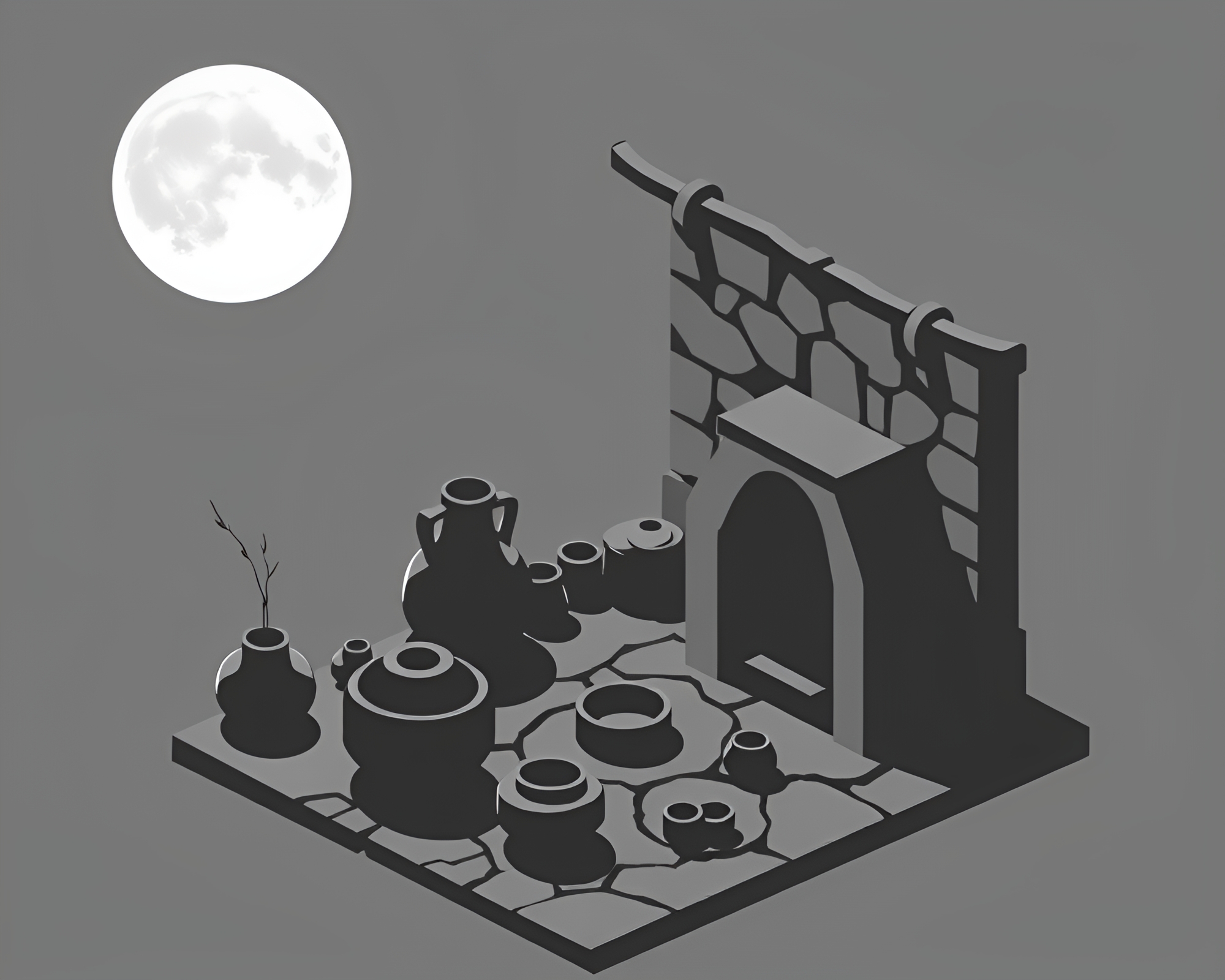 Lunar Grayscale Isometric Pottery Silhouette Illustration – free AI stock image