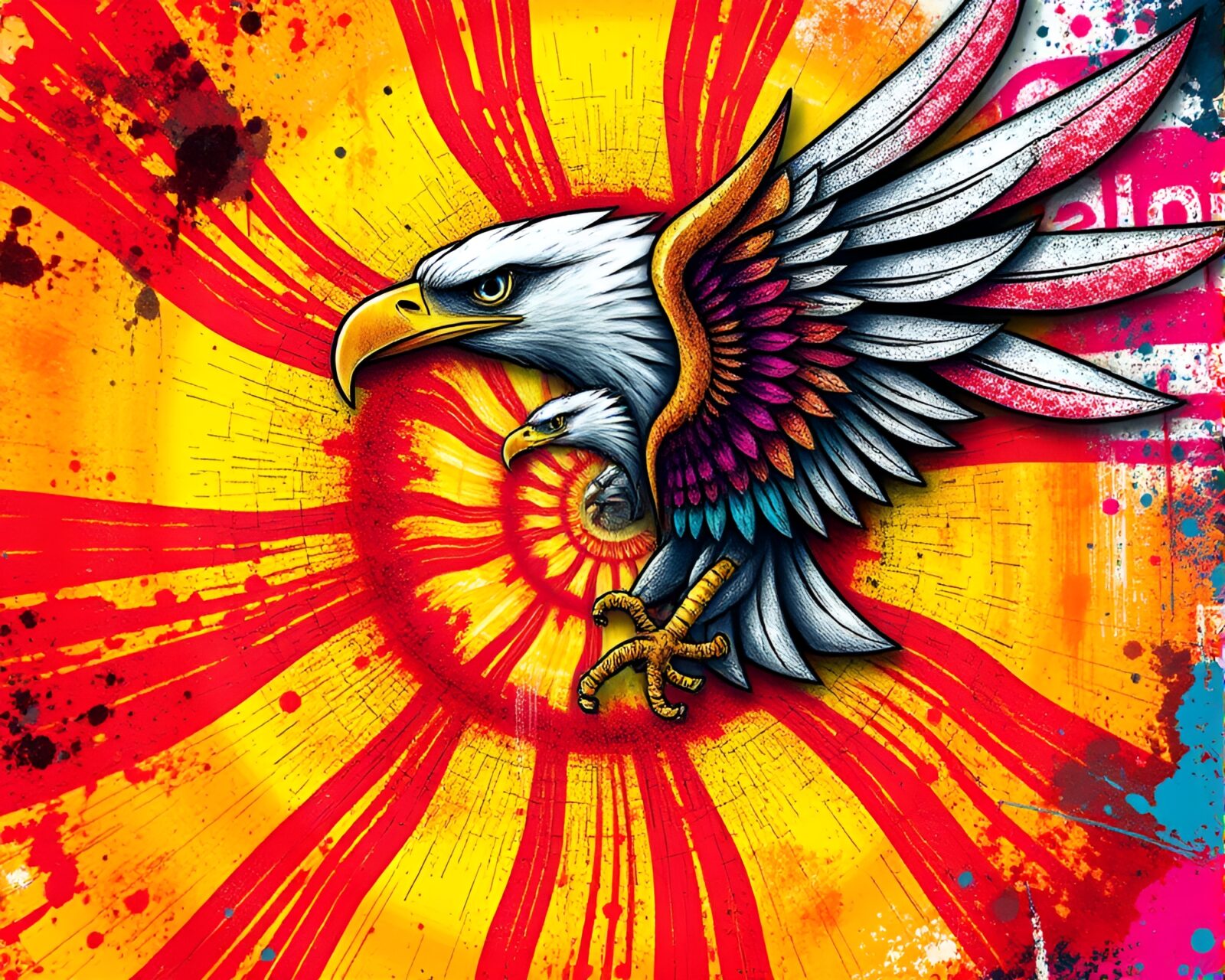 Vibrant graffiti-colored eagle within intricate spiral composition